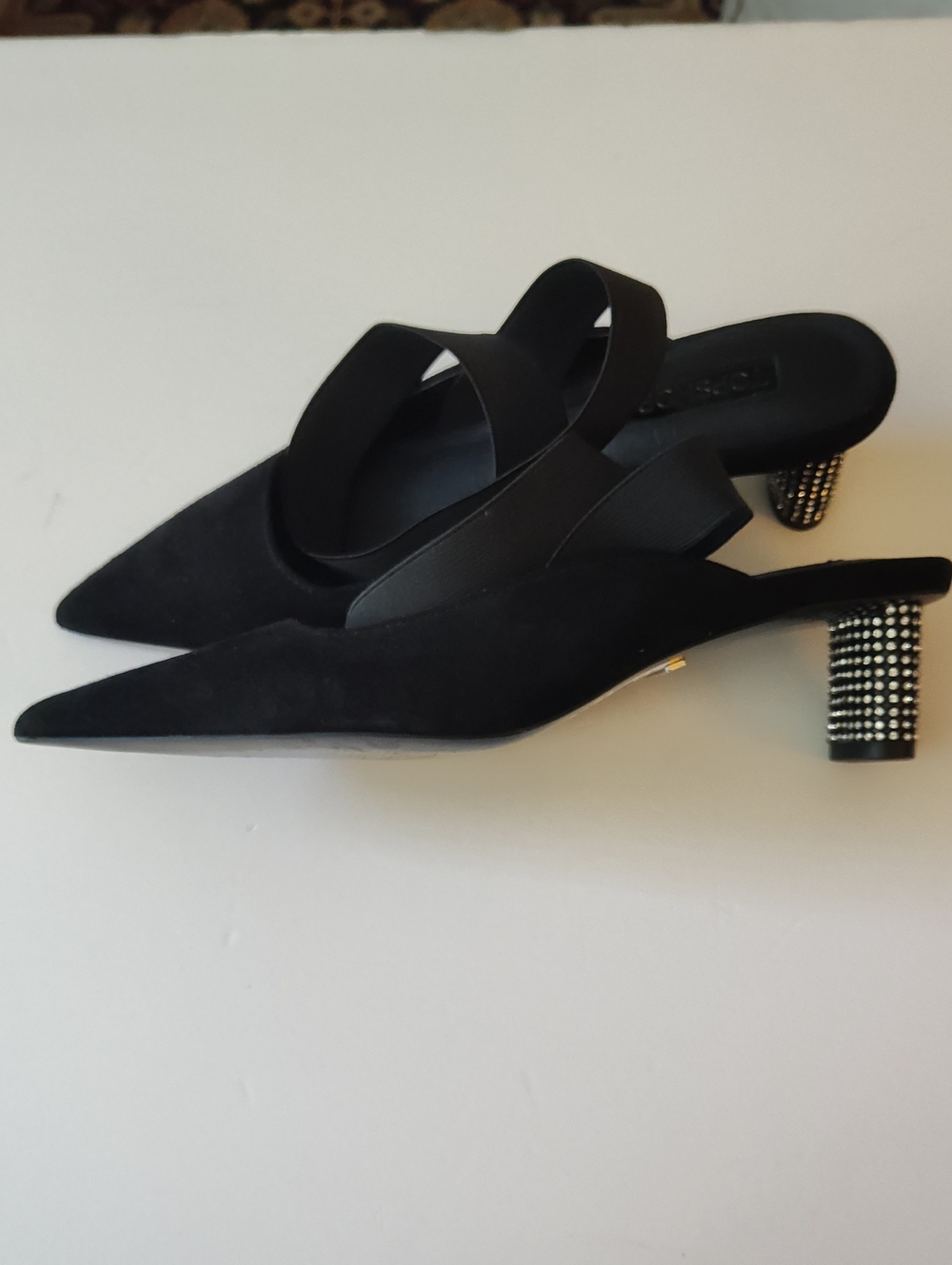 TOPSHOP Black Pointed Mule Heels with Oval Crystal Block Heel Size 37 US 7